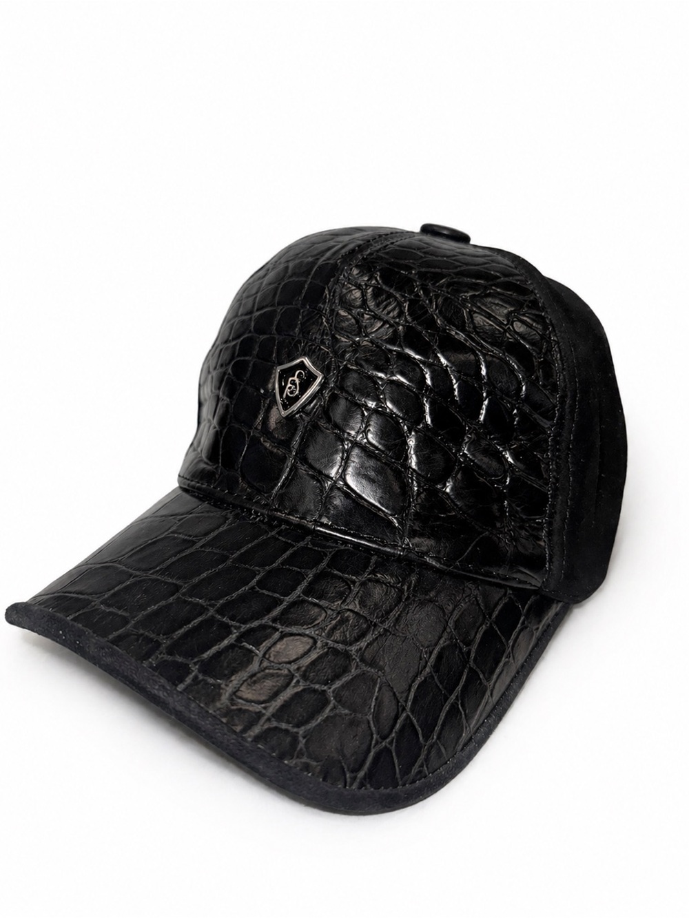 Black Croc-Embossed Leather Baseball Cap